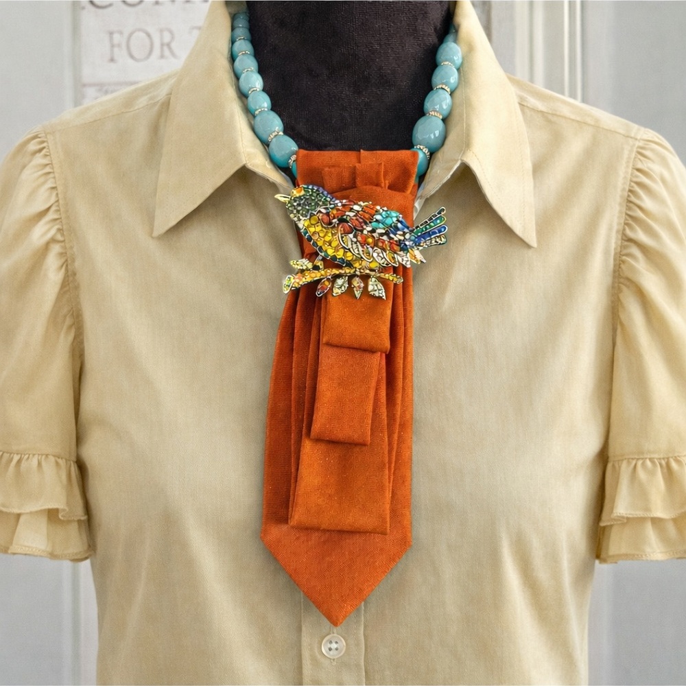 One-Of-A-Kind Necktie Necklace Large Jeweled Bird Brooch & Teal Beaded Necklace